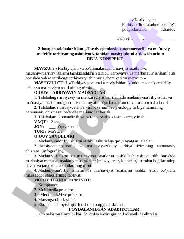 Harbiy qismda vatanparvarlik tarbiyasi mavzusidagi dars