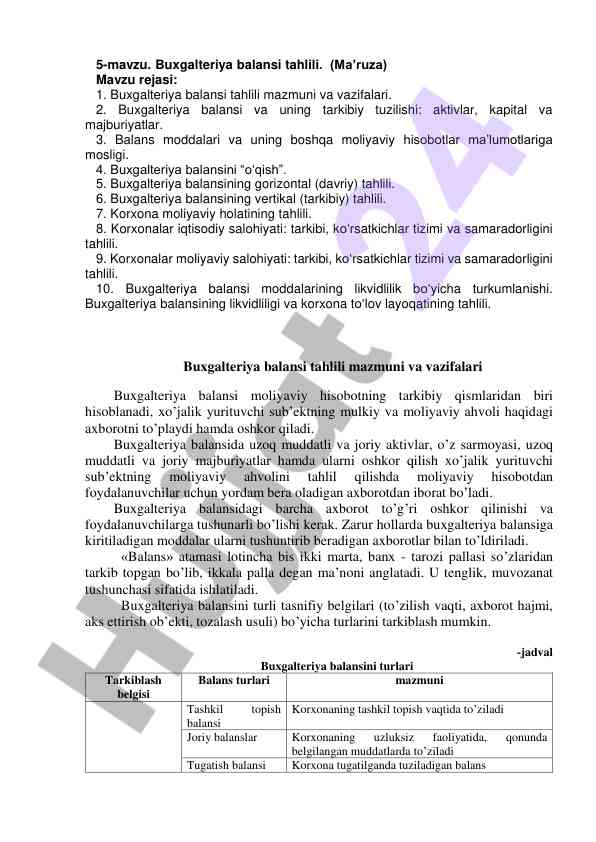 Buxgalteriya balansi tahlili mavzusi