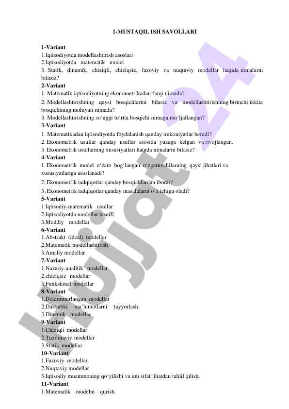 Iqtisodiyotda modellashtirish savollari 1-variant