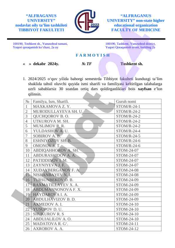 O‘quv yili davomidagi dars qoldirishlar