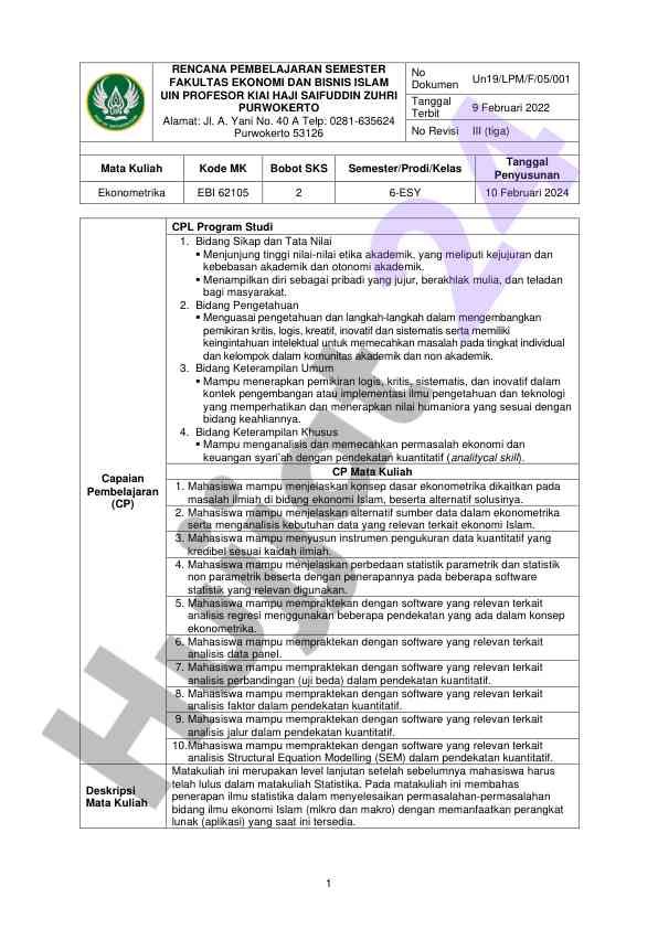 Rencana pembelajaran ekonometrika semester 2024