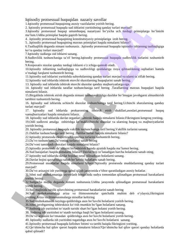 Iqtisodiy protsessual huquq nazariyasi savollari
