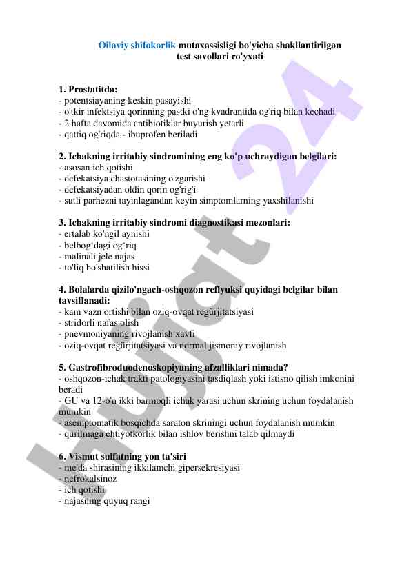 Oilaviy shifokorlik test savollari ro'yxati
