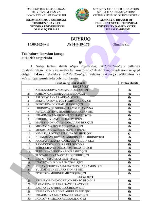 Talabalarni kursdan kursga o‘tkazish tartibi