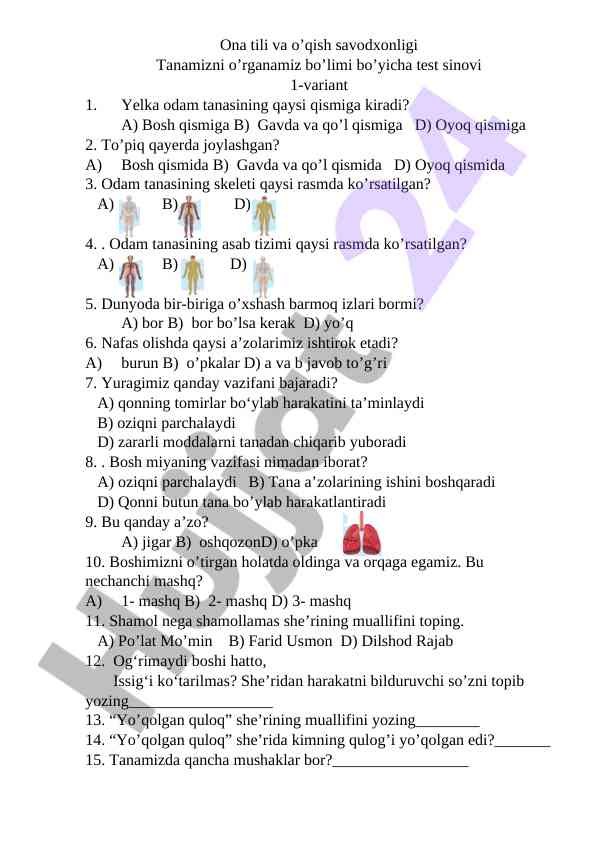 Ona tili va o'qish savodxonligi test sinovi