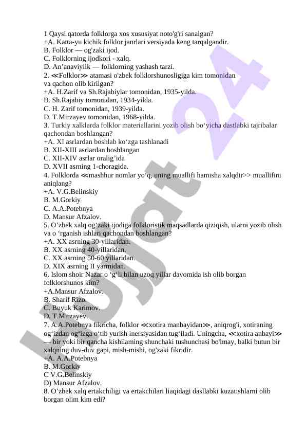 Folklor va o'zbek xalq ijodi boʻyicha savollar