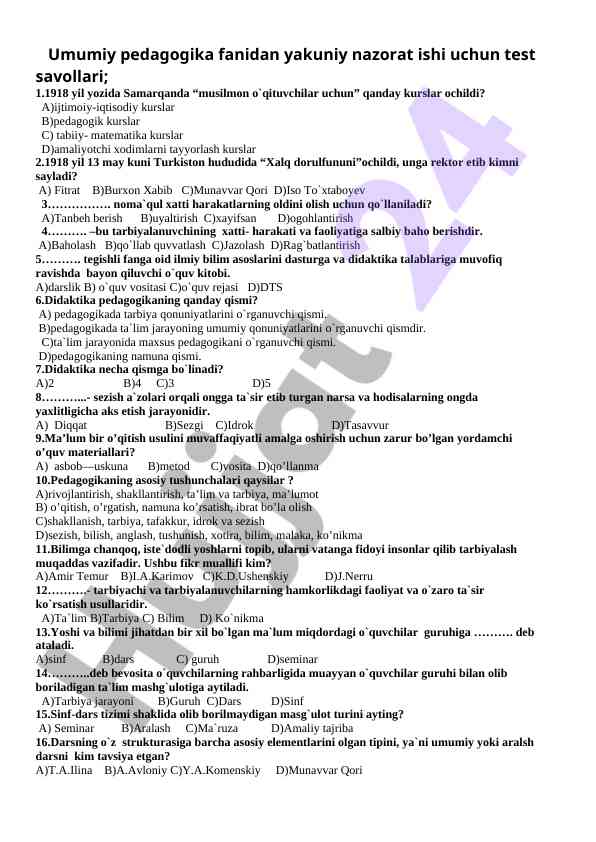Umumiy pedagogika fanidan test savollari
