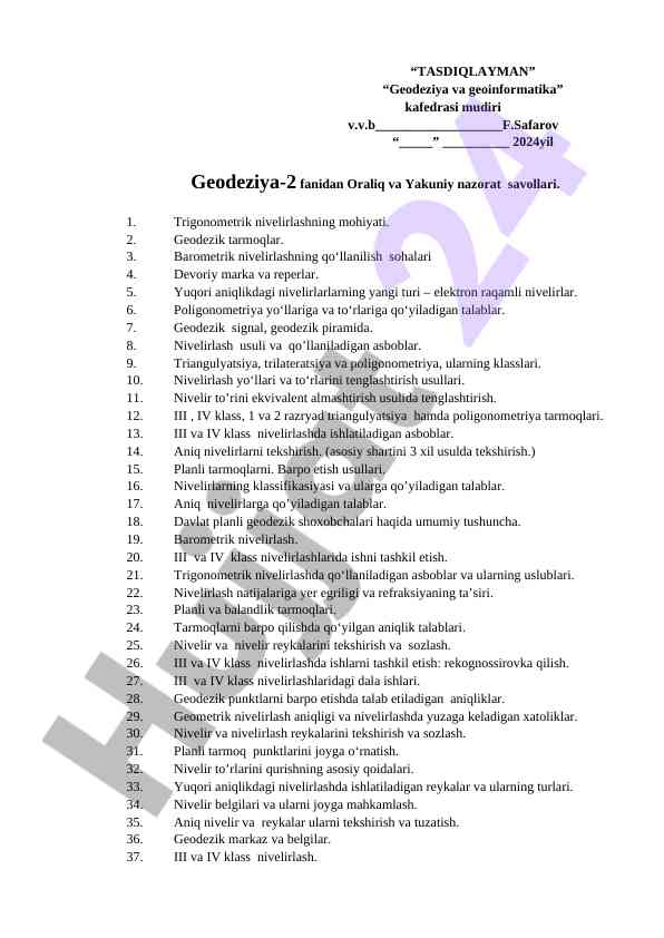 Geodeziya fanidan nazorat savollari va asboblar
