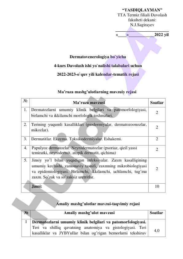 Dermatovenerologiya kalendar-tematik rejasi 2022-2023