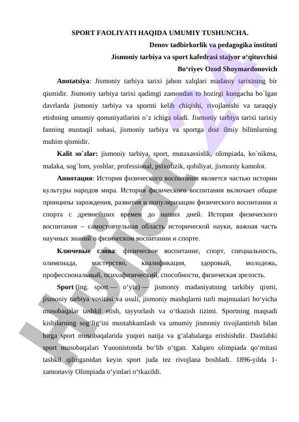 Sport faoliyati tarixi va uning ahamiyati