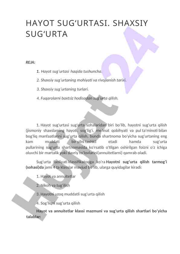 Hayot sug‘urtasi haqida tushuncha va ma'lumotlar