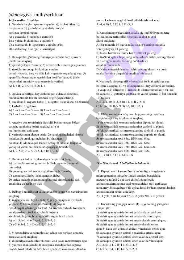 Biologiya test savollari va javoblarni topish