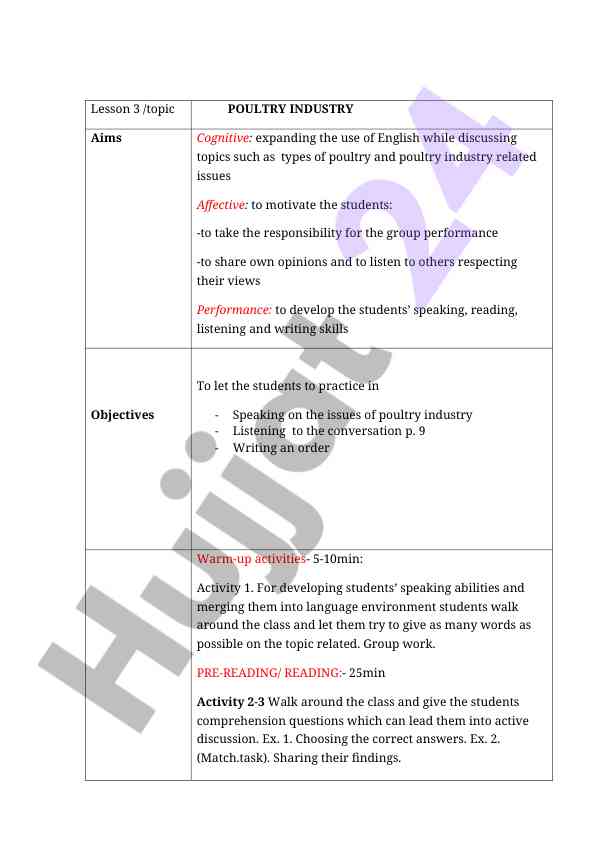 Poultry industry vocabulary exercises and discussion
