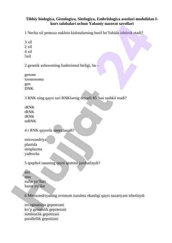 Tibbiy biologiya to'liq yakuniy nazorat savollari