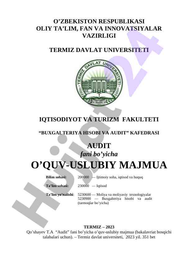 Audit fani bo'yicha o'quv-uslubiy majmua 2023