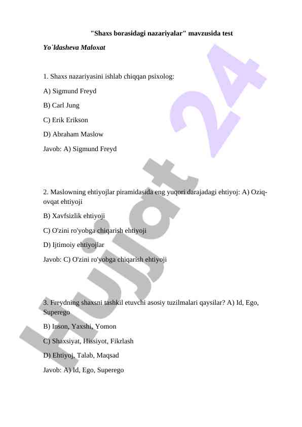 Shaxs nazariyalariga oid test savollari