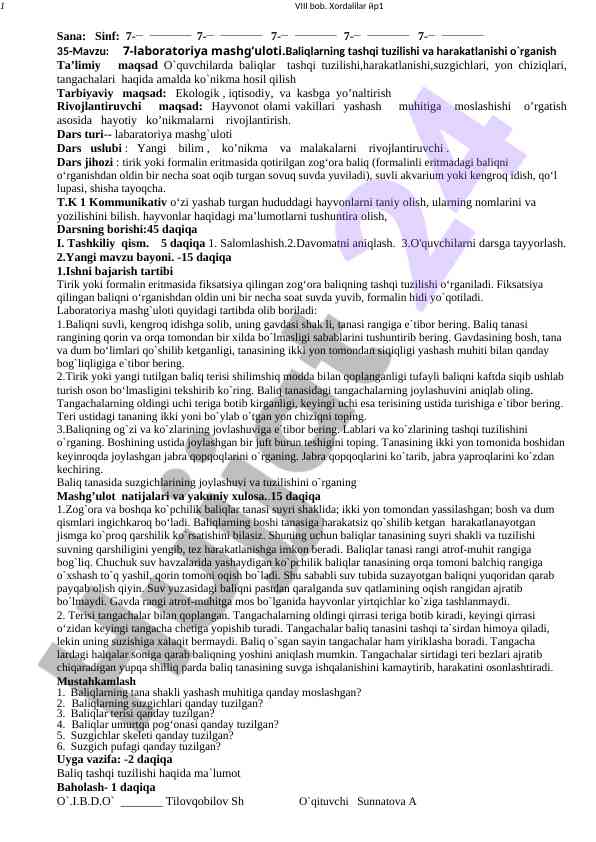 Baliqlarning tashqi tuzilishi va harakatlanishi o'rganish