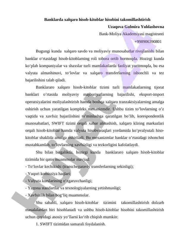 Banklarda xalqaro hisob-kitoblarni takomillashtirish