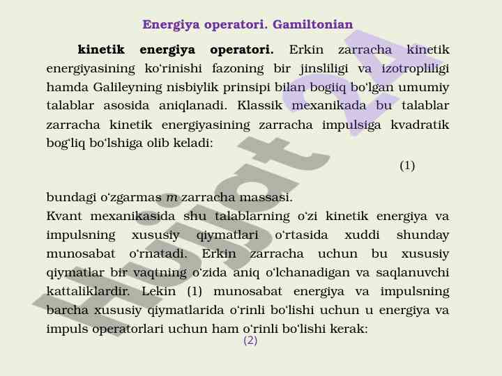 Kvant mexanikasida energiya va impuls munosabatlari