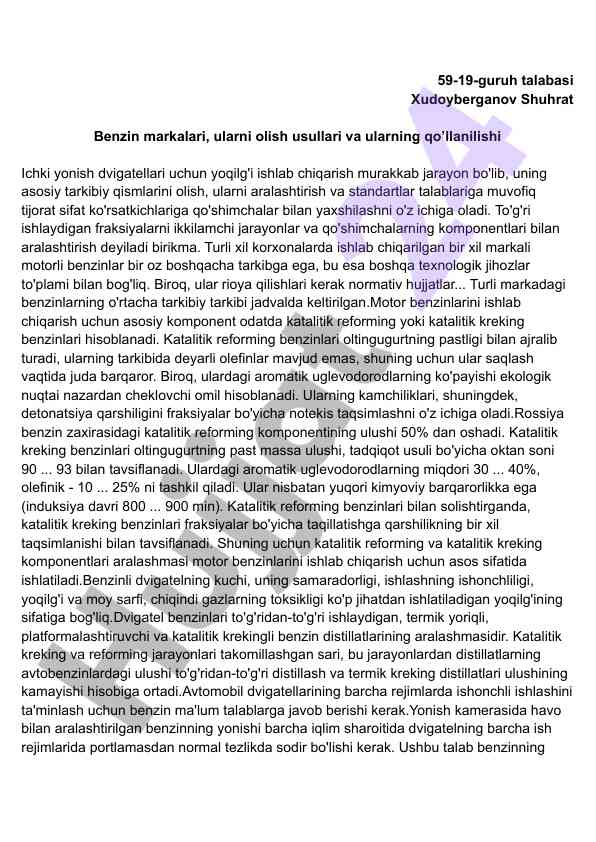 Benzin ishlab chiqarish jarayonlari va standartlar