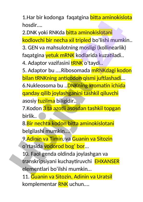 Aminokislota kodlash va dnk strukturasi
