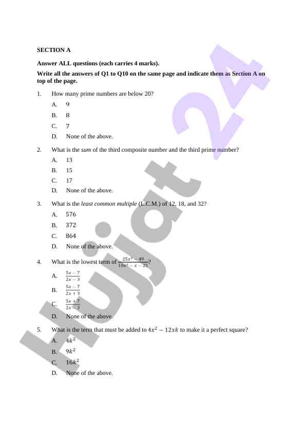 Mathematics test questions with multiple choice answers
