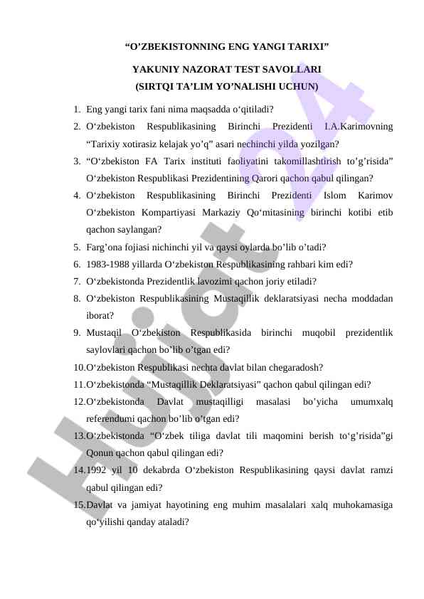 O'zbekistonning eng yangi tarixi yakuniy nazorat