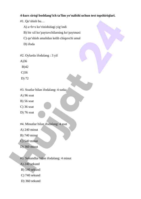 Sirtqi boshlang‘ich ta’lim uchun test topshiriqlari