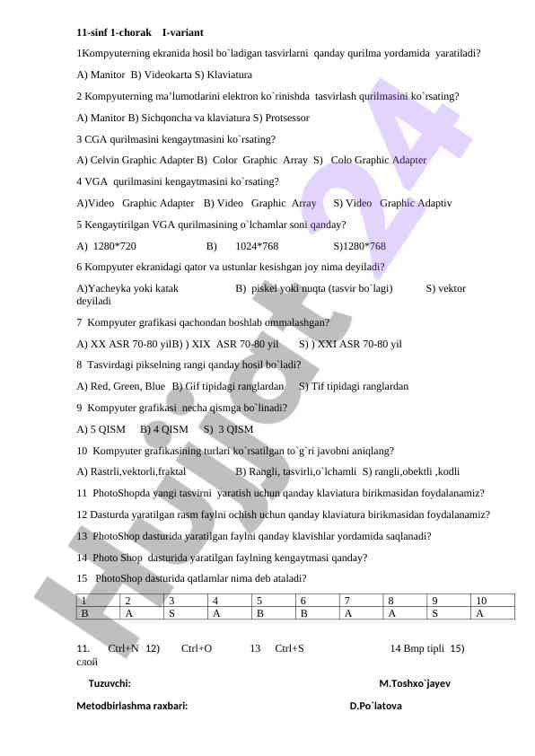 Kompyuter grafikasi bo‘yicha savollar