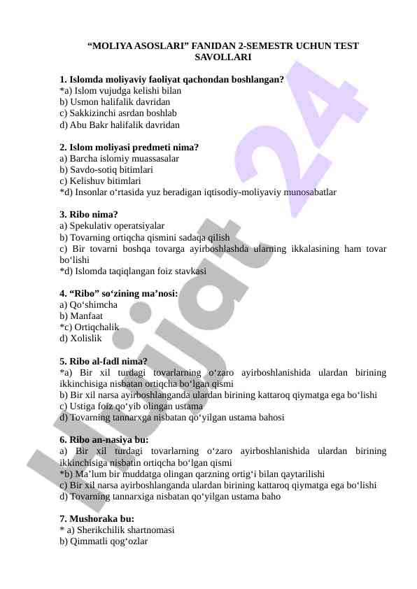 Moliya asoslari fanidan 2-semestr uchun test savollari