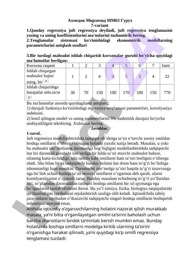 Juft regressiya va ekonometrik modellar