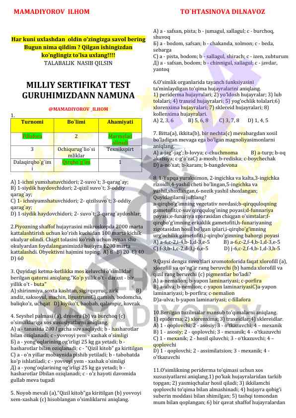 O‘quv testlari bo‘yicha misollar