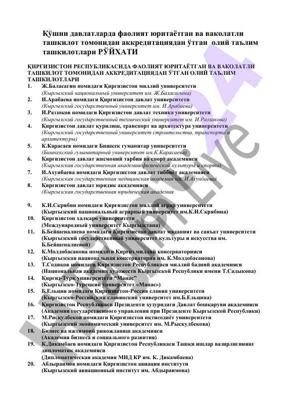 Oliy ta'lim tashkilotlari akreditatsiya ro'yxati