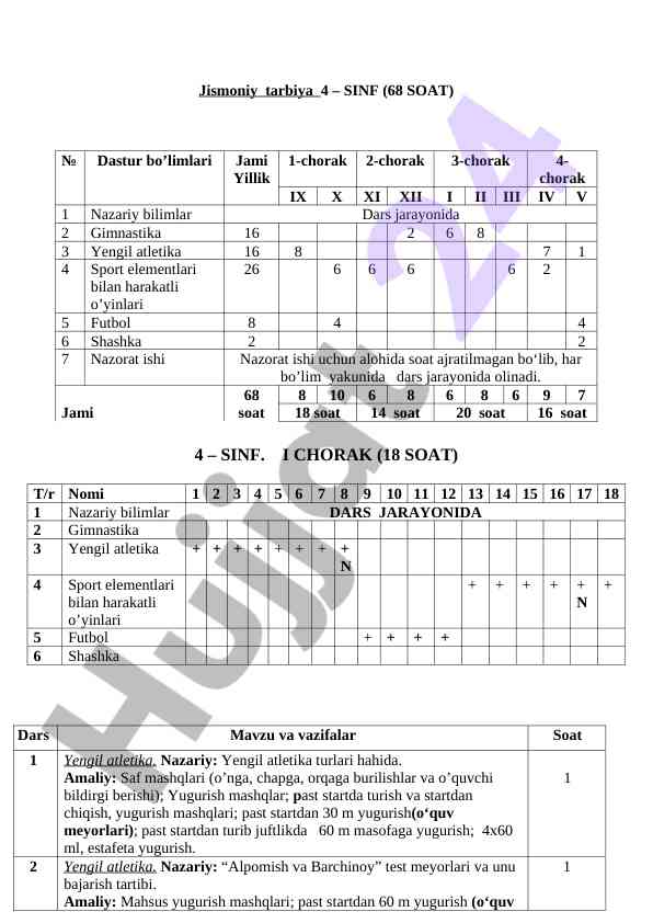 Jismoniy tarbiya dars ishlanmasi 4-sinf uchun