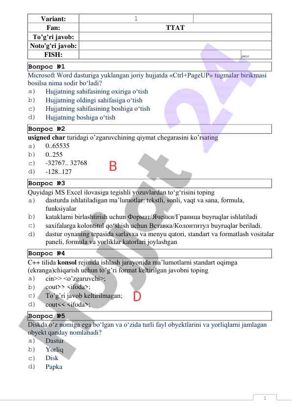 Microsoft word va excel dasturlari uchun savollar