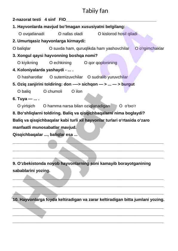 O‘rta nayazi testi 4 sinf hayvonlar haqida