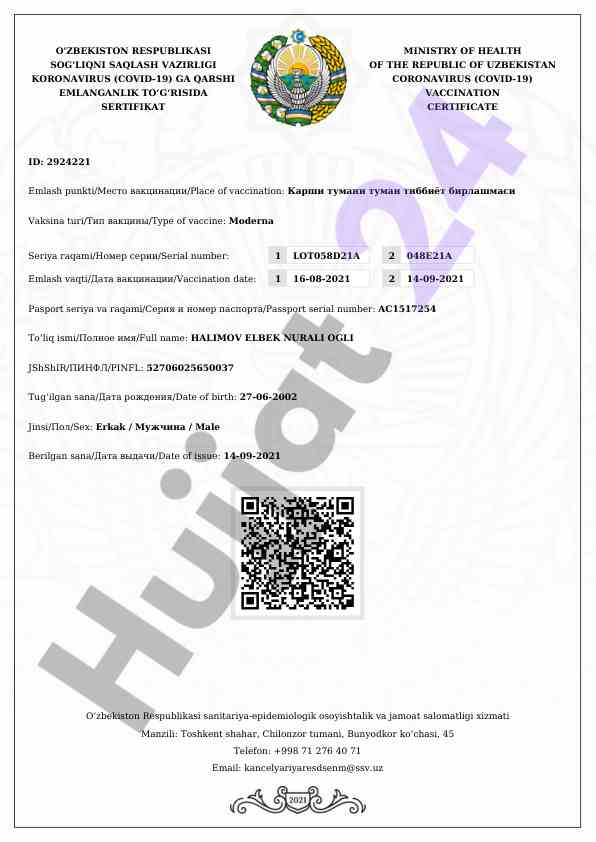 Koronavirus emlash sertifikati haqida ma'lumot