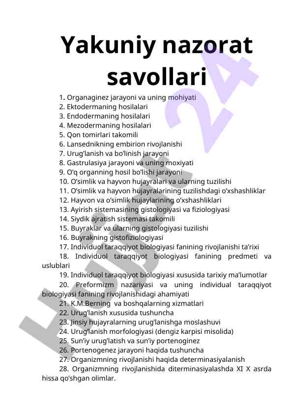 Yakuniy nazorat savollari biologiya fanida