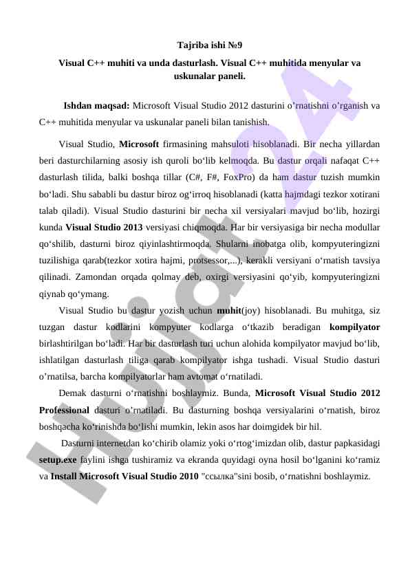 Visual c++ muhitida dasturlash va menyular