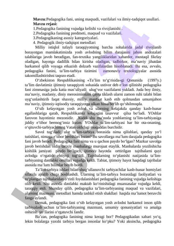 Pedagogika fani va ilmiy tadqiqot usullari