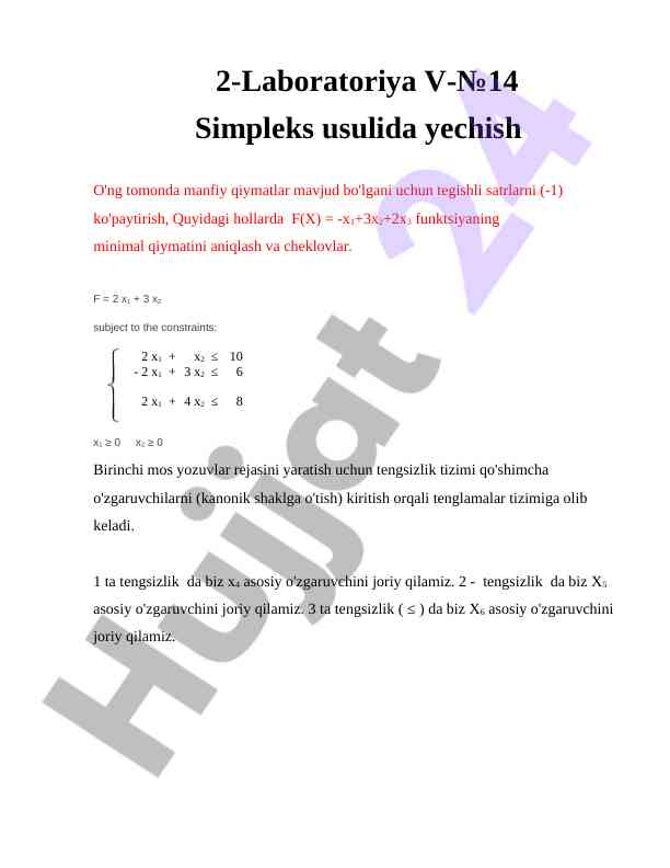 Simpleks usulida yechish laboratoriya ishlari