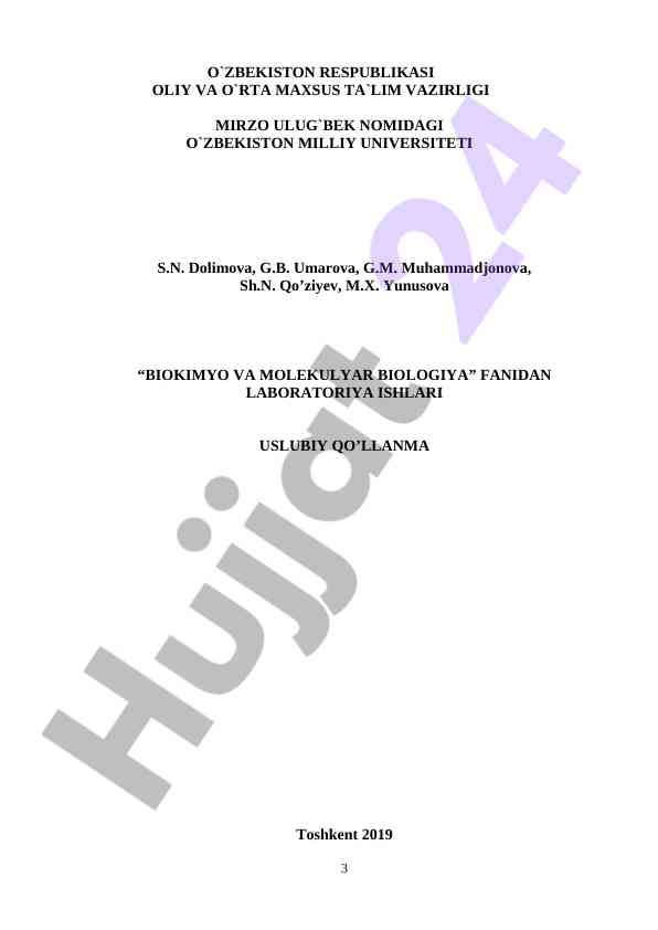 Biokimyo va molekulyar biologiya fanidan laboratoriya ishlari