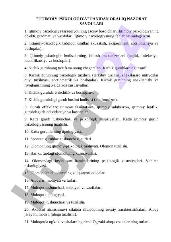 Ijtimoiy psixologiya nazorat savollari