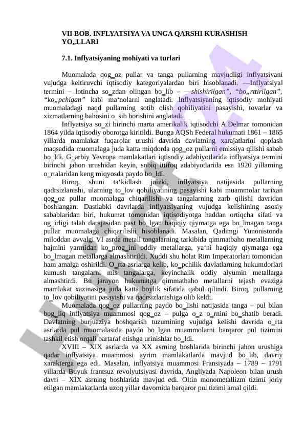 Inflyatsiya turlari va unga qarshi kurashish yo‘llari