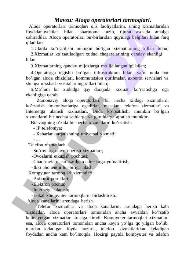 Aloqa operatorlari tarmoqlari xizmatlari tahlili