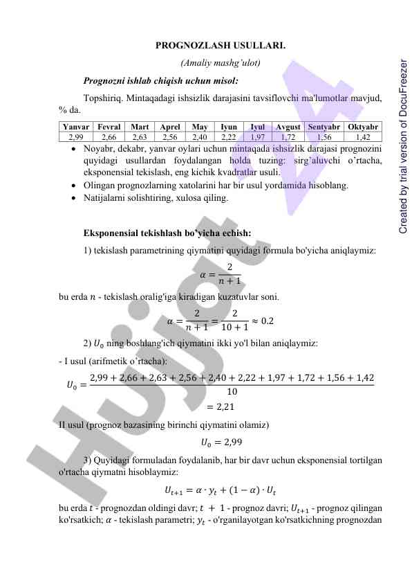 Prognozlash usullari amaliy mashg‘ulotlari