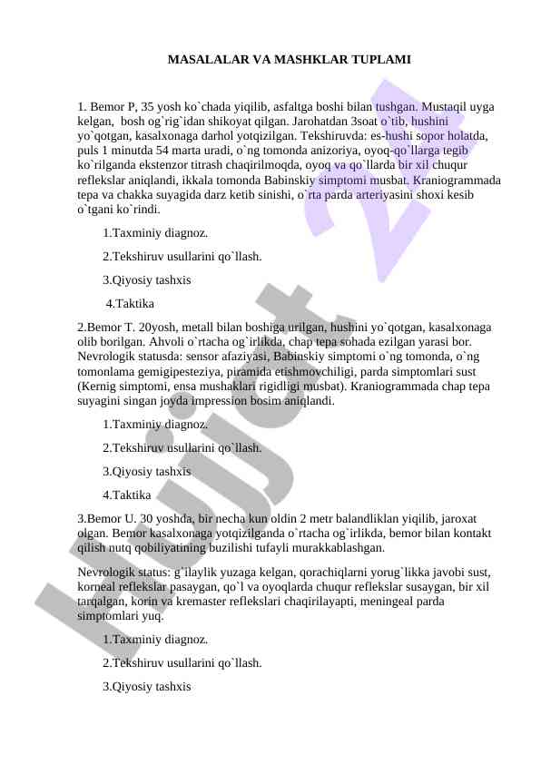 Bemorlarni oʻzlashtirish tahlili va diagnostika usullari