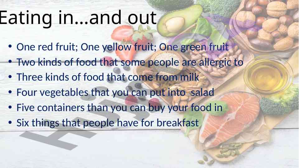 Eating in and out food categories and questions