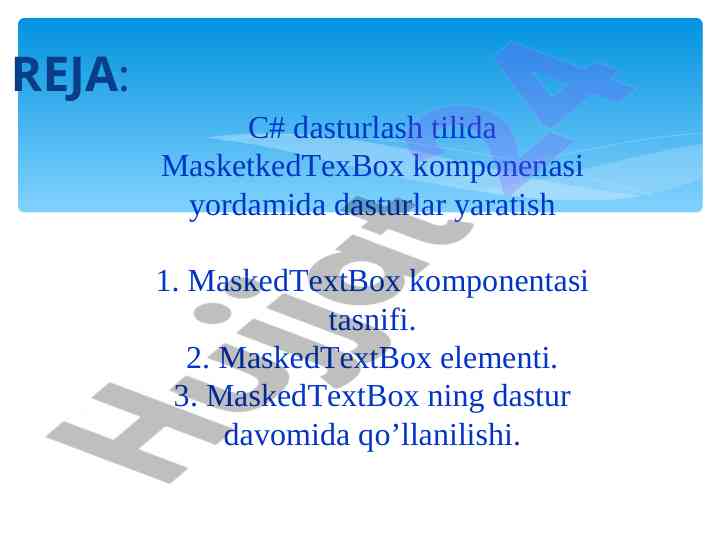C# dasturlashda maskedtextbox komponentasi