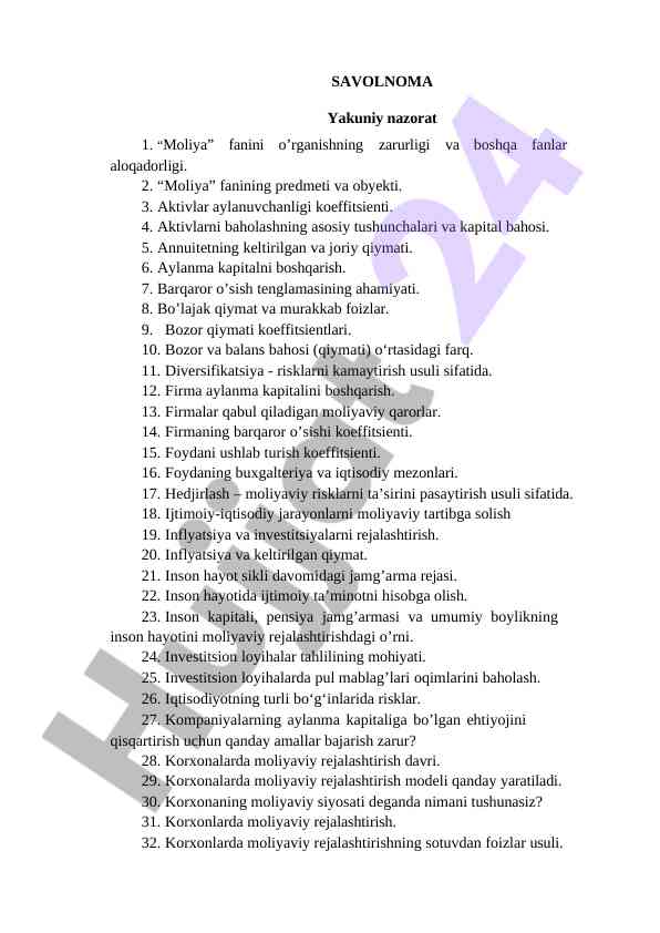 Moliya fanini o‘rganish va boshqa fanlar bilan aloqasi